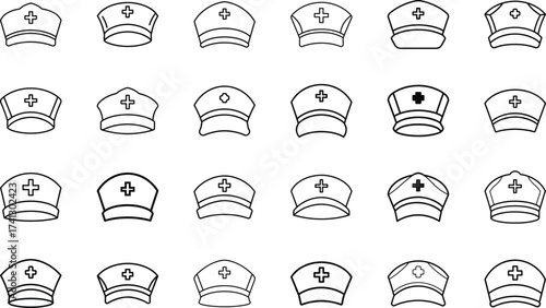 Medical and Hospital Equipment Icons Set – Bandage, Wheelchair, Mask, Bed, Syringe, Scissors, Microscope, Gloves, Nurse Cap, Tooth, Stethoscope, Scalpel, Oxygen Cylinder, Medical Tools, and Healthcare