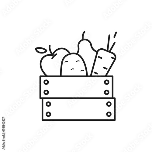 A wooden crate filled with fruits and vegetables