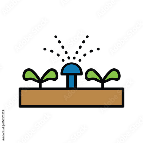 An illustration depicts a sprinkler spraying water onto two green seedlings in a brown soil bed