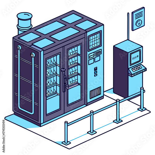 Vector art of isometric illustration of a modern vending machine with a payment terminal, showcasing the convenience of automated retail and selfservice technology