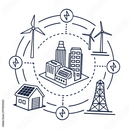 Vector art of line art illustration of a sustainable city powered by renewable energy, featuring wind turbines, solar panels, and a modern urban landscape