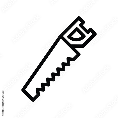Black hand saw icon against a white backdrop The saw features a handle and serrated blade