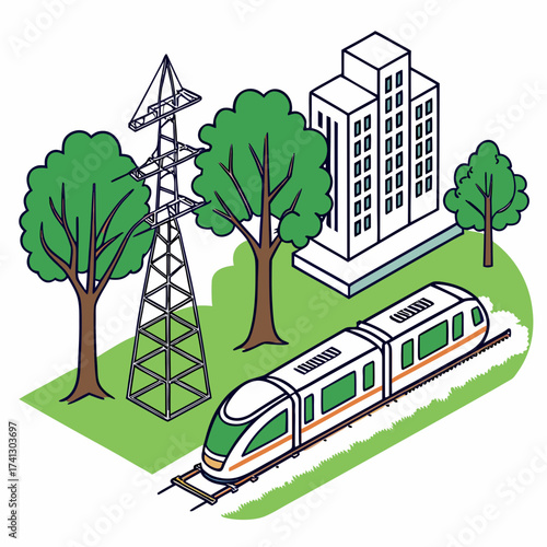 Vector art of isometric illustration of a modern city with a highspeed train, power lines, trees, and buildings a vibrant scene of urban life and technology