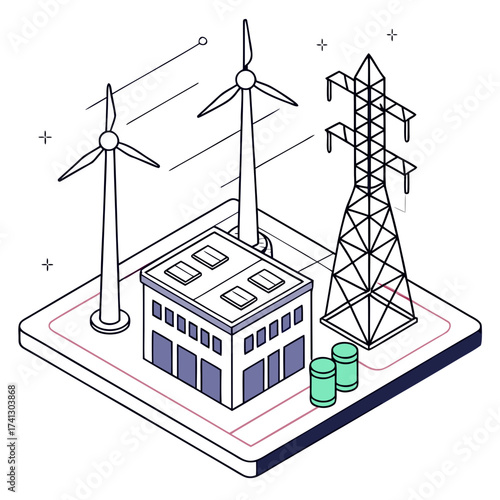Vector art of isometric illustration of a sustainable energy power plant with wind turbines, power lines, and a modern building, showcasing renewable energy sources
