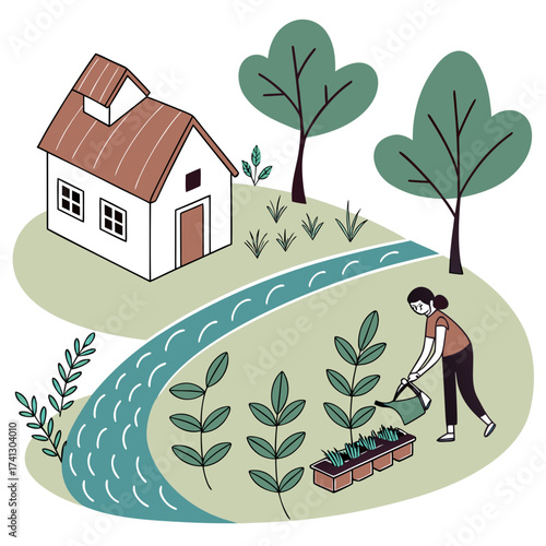 Illustration of a woman gardening near a house by a stream, showcasing a peaceful and sustainable lifestyle in a natural setting