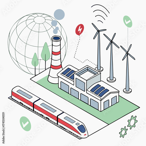 Vector art of isometric illustration of a sustainable industry powered by renewable energy, featuring wind turbines, solar panels, and a modern train, promoting ecofriendly transportation