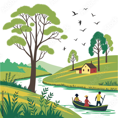 Illustration of people boating on a river in a rural landscape with a house and birds flying in the sky