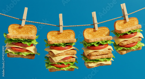 Whimsical sandwiches hang on a clothesline with wooden clips against a bright blue backdrop, perfect for playful food advertising or creative lunch promotions.