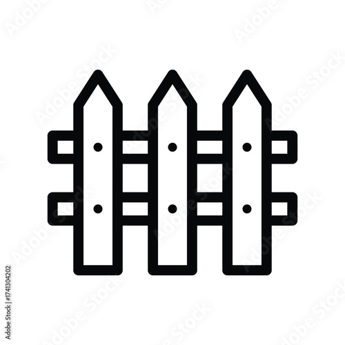 Black outline of a picket fence with three pointed posts and two horizontal rails with dots