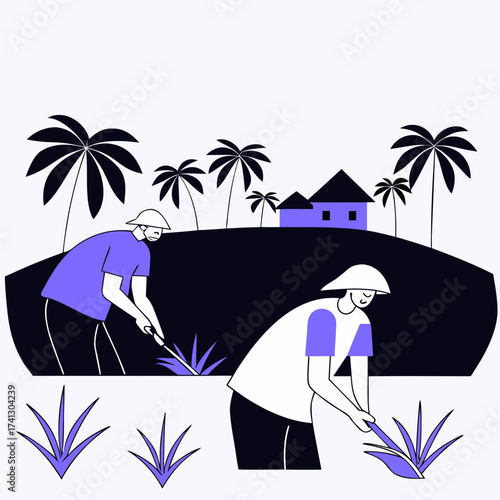 Vector art of a picturesque scene unfolds with farmers working amidst palm trees and quaint houses, capturing the essence of rural life and agricultural harmony in a tropical setting