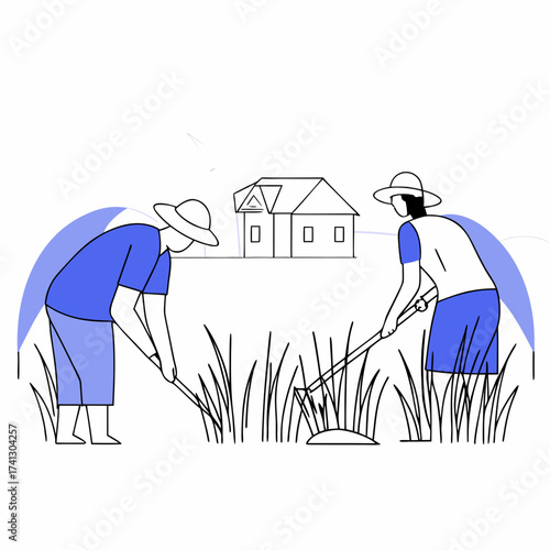 Vector art of two farmers diligently tend to their field, cultivating the land with care and precision, while a charming house stands in the background, symbolizing a life rooted in nature