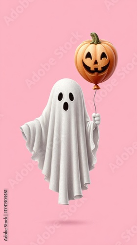 Retro Halloween art showing a sweet ghost carrying a jack-o-lantern balloon. Warm vintage tones blend spooky atmosphere with childlike innocence.