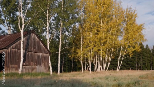 Rustic wooden barn in grassy meadow surrounded by paper birch and quaking aspen trees with autumn foliage