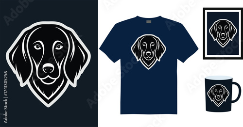 Stylized Tshirt mockup retriever dog logo dark blue t-shirt framed art mug vector