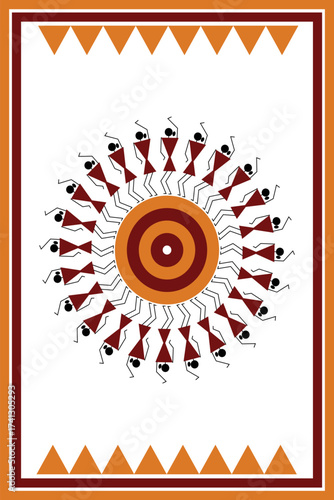 Colorful Warli design concept with border frame isolated on white background - vector illustration