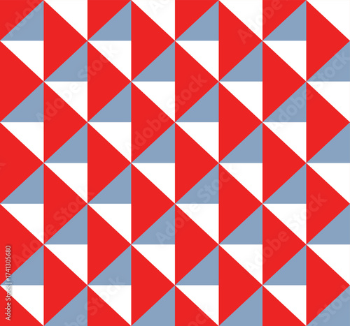 Geometric pattern composed of repeating triangles in red, white, and grey color.