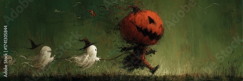 Retro-style Halloween poster of a pumpkin monster with a wicked smile chasing adorable ghosts. Vintage tones and playful horror mood.

