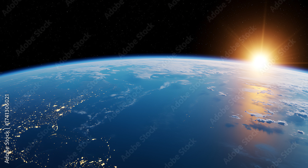Obraz premium Stunning view of Earth from space with the sun rising over the horizon, showcasing the atmosphere.
