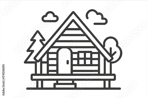 Cabin in the woods line icon. Simple bungalow for camping and vacation. Wooden forest house and A-frame lodge symbol. Outdoor travel and nature retreat vector illustration.