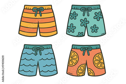 Vector collection of colorful summer beach shorts for men. Hand-drawn doodle swim trunks with floral, striped, and fruit patterns. Cartoon fashion clothing icon set for vacation.