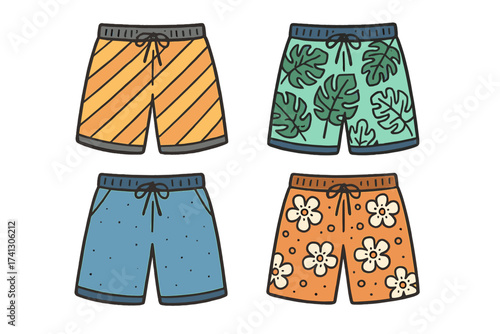 Set of men's beach shorts with various patterns. Summer swim trunks collection. Hand-drawn doodle vector illustration for men's fashion. Tropical floral and striped designs.