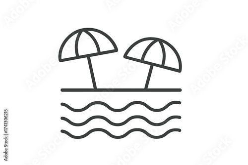 Beach thin line icon. Vector summer minimal illustration with sun umbrellas, sea waves. Simple outline pictogram for travel, vacation, holiday. Seaside resort symbol.