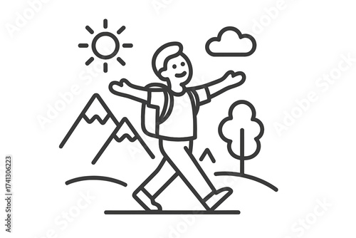 Hiking adventure and travel concept. Happy man with backpack walks in the mountains on a sunny day. Outdoor trekking, nature exploration. Freedom and journey line vector icon.