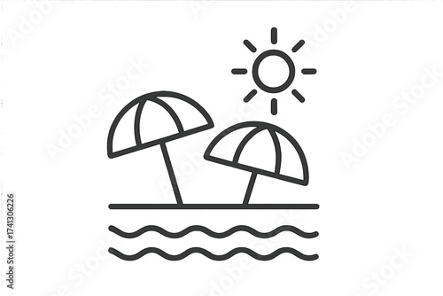 Beach thin line icon with sun and umbrellas. Vector summer minimal illustration of sea with waves. Paradise vacation symbol. Simple outline pictogram for travel and resort.
