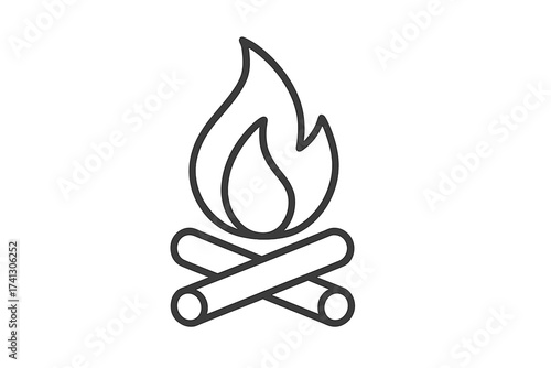 Campfire thin line icon. Bonfire with burning firewood logs. Outdoor adventure, camping, travel and hiking symbol. Flame, heat, warmth concept. Minimalist outline illustration.