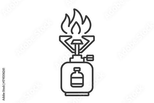 Camping gas stove icon. Portable burner for cooking food outdoor. Vector line illustration for hiking, travel, and adventure concepts. Tourist equipment for survival and picnic.