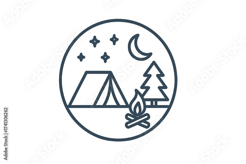 Camping night scene thin line icon. Vector graphic of a tent, campfire, pine tree, stars and moon. Outdoor adventure, summer vacation, and nature travel logo or label design.