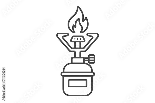 Camping gas stove icon. Portable burner for outdoor cooking. Vector line art illustration for adventure, hiking, and travel concepts. Tourist equipment for campsite meals. Fire.