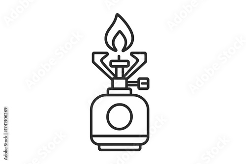 Camping gas stove icon. Portable burner for outdoor cooking. Vector thin line illustration for adventure, hiking, and travel concepts. Survival and tourism equipment symbol.