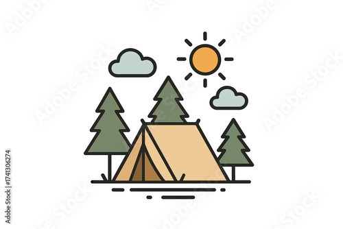 Camping site with tent, pine trees icon. Vector outline logo illustration for outdoor activities, vacation, travel, mountain adventure. Summer landscape, forest nature tourism.