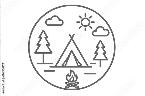 Camping thin line icon with tent, campfire, and forest trees. Vector illustration for summer vacation, outdoor adventure, and travel business. Nature landscape symbol for hiking.