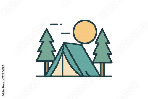 Camping site with tent and pine trees. Vector thin outline logo illustration for outdoor activities, vacations, traveling, and mountain exploration. Summer camp adventure icon.