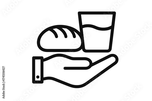 Hand offering food and water for donation. Charity and support symbol for hunger and poverty relief. Generous assistance icon with bread and drink. Vector line illustration.