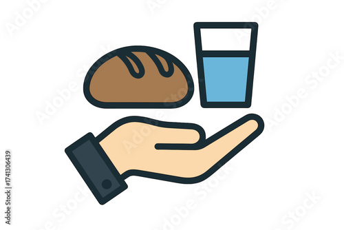 Hand offering food and water. Food donation icon with bread. Vector graphic for charity, groceries, generous assistance. Symbol of hunger, poverty relief, humanitarian aid.