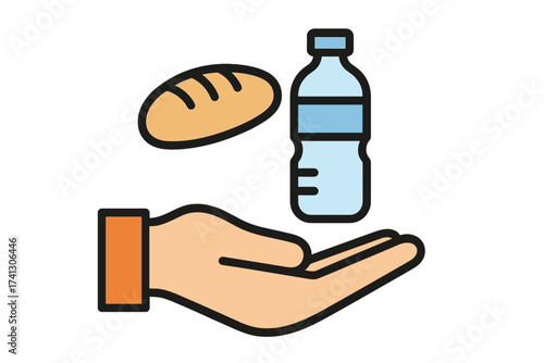 Hand offering food icon. Food donation with bread and water. Vector for charity, groceries, generous assistance. Help for the poor and hungry. Humanitarian aid and volunteer support.