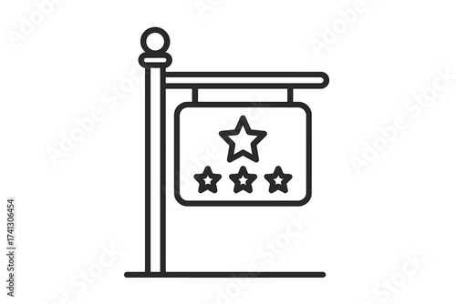 Hotel signpost thin line icon with four stars for rating. Vector concept for hospitality, accommodation, booking, and travel services. Motel signboard for tourism and vacations.