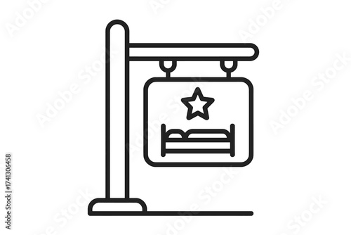 Hotel billboard signpost thin line icon. Vector for motels, inns, vacations, tourism, and travel agencies. Accommodation symbol for night stays, booking, and lodging. Star rating.