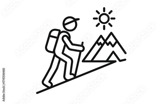 Hiker climbing mountain line icon. Man trekking outdoors. Concept for adventure, exploration, travel, vacation. Walker with backpack. Outdoor activity, sport, leisure time.