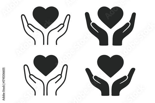 Hands holding heart icon collection. Vector logo for love, care, charity, and donation. Sign for health, humanitarian support, hope, and kindness. Concept of volunteering.