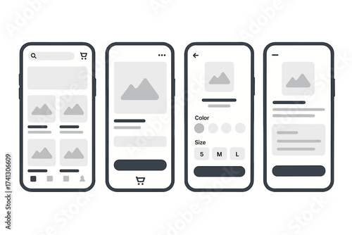 Online shopping mobile app UI UX design kit. E-commerce application interface templates. Phone screen mockups for retail store, product page, order, color and size choice.