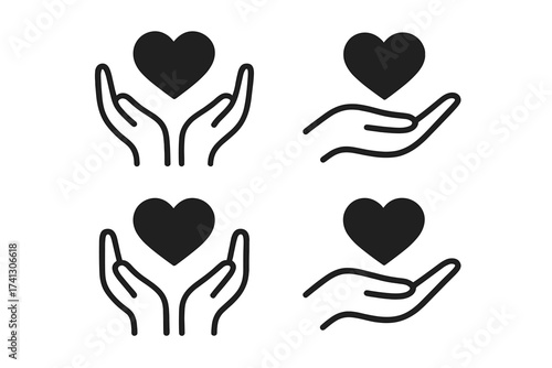 Hands holding heart icon set. Symbol of love, care, charity, and donation. Vector graphic element for humanitarian aid, support, compassion, kindness, hope, and awareness.