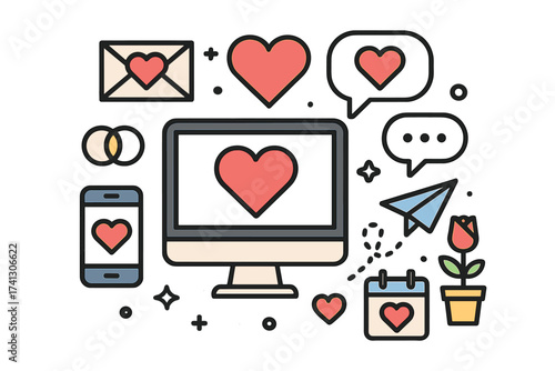 Online dating app concept for romance and love. Vector icon set with computer, phone, chat bubble, and heart symbols for website banner. Relationship & Valentine's day.