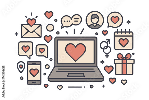 Online dating vector concept. Finding love and virtual romance on the internet. Icon set with laptop, smartphone, chat, and relationship symbols for a web banner or app.