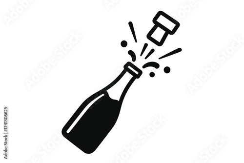 Champagne bottle pop icon. Cork explosion for celebration. New Year's Eve party. Sparkling wine toast. Success achievement concept. Anniversary opening. Alcohol drink vector graphic.