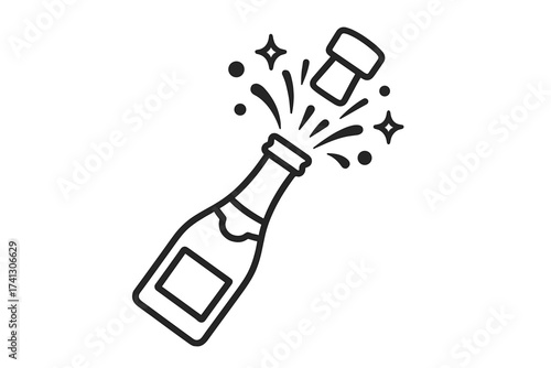 Champagne bottle popping icon. Vector graphic for celebration, party, and success. Line art illustration of a cork bursting out. New Year, anniversary, or winning concept.