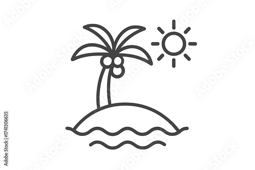 Palm tree on island line icon. Tropical beach vacation symbol. Summer holiday, travel destination concept. Seascape with sun and ocean wave. Simple vector logo for paradise.